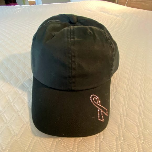 Black Baseball Cap with Pink Crystal Breast Cancer Awareness Ribbon NWOT - Picture 1 of 10